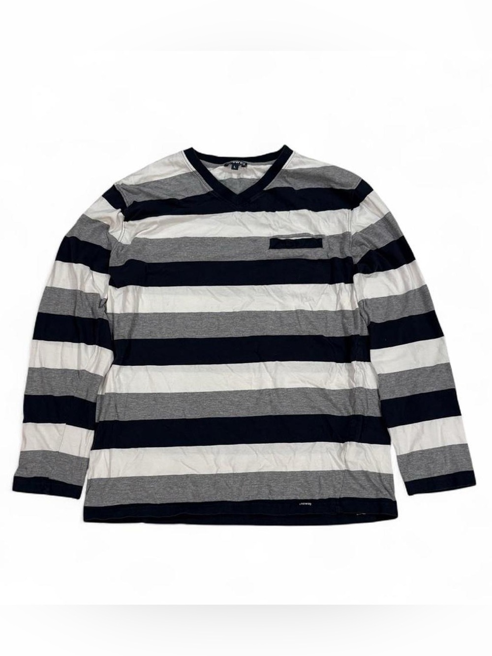 Oneway navy, white and grey striped long sleeve shirt